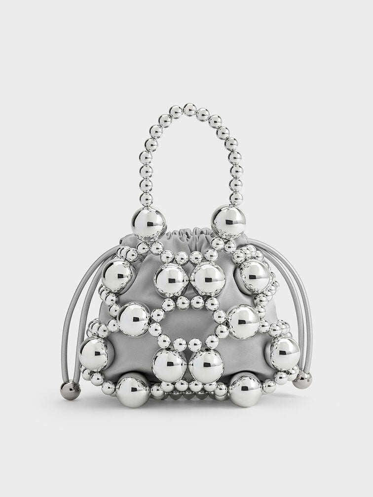 Metallic Beaded Top Handle Bag - Silver