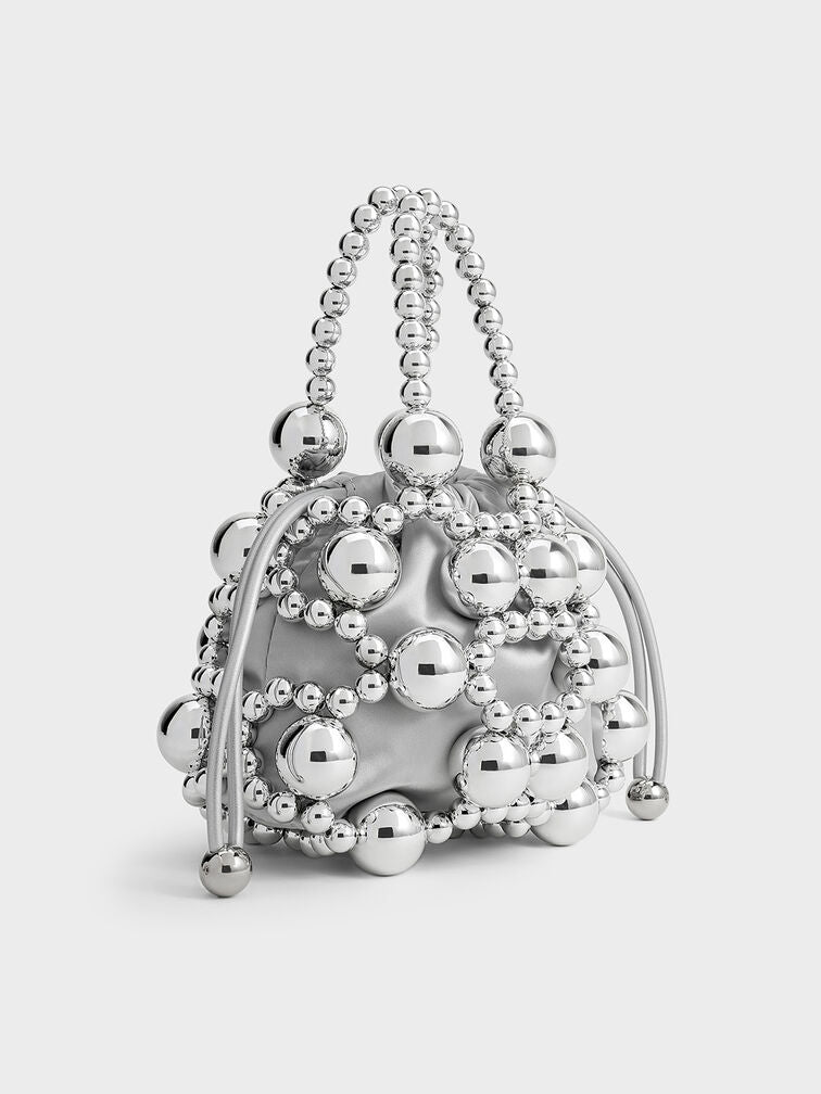 Metallic Beaded Top Handle Bag - Silver