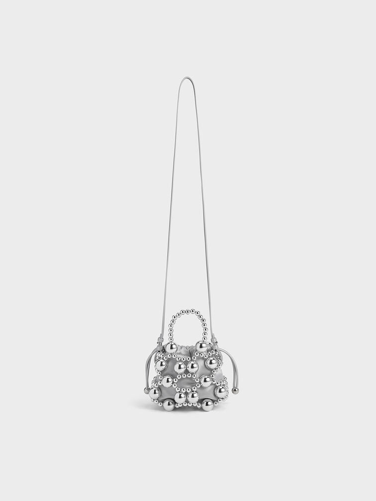 Metallic Beaded Top Handle Bag - Silver