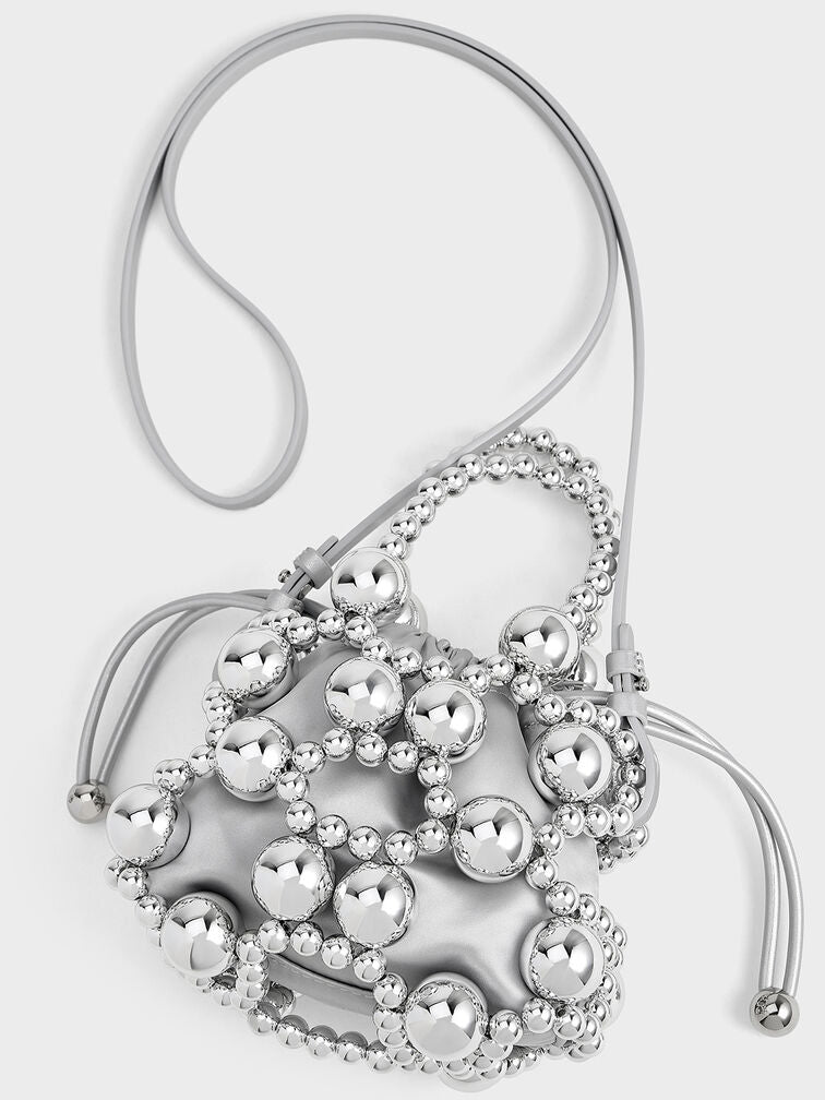 Metallic Beaded Top Handle Bag - Silver