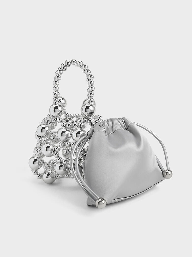 Metallic Beaded Top Handle Bag - Silver