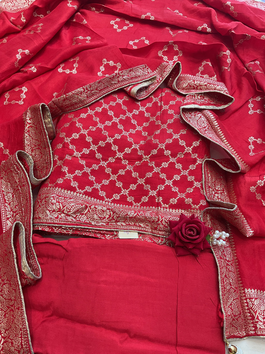 Banarsi silk suit set Red color