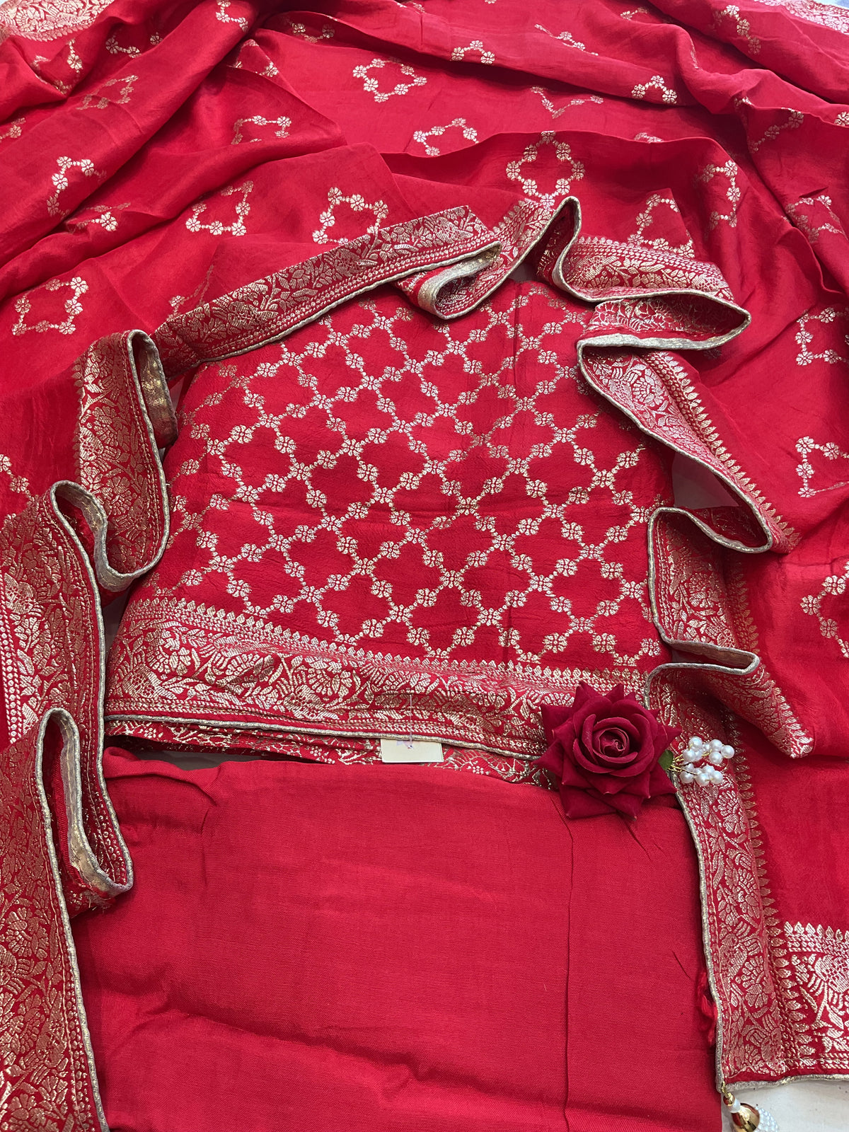 Banarsi silk suit set Red color