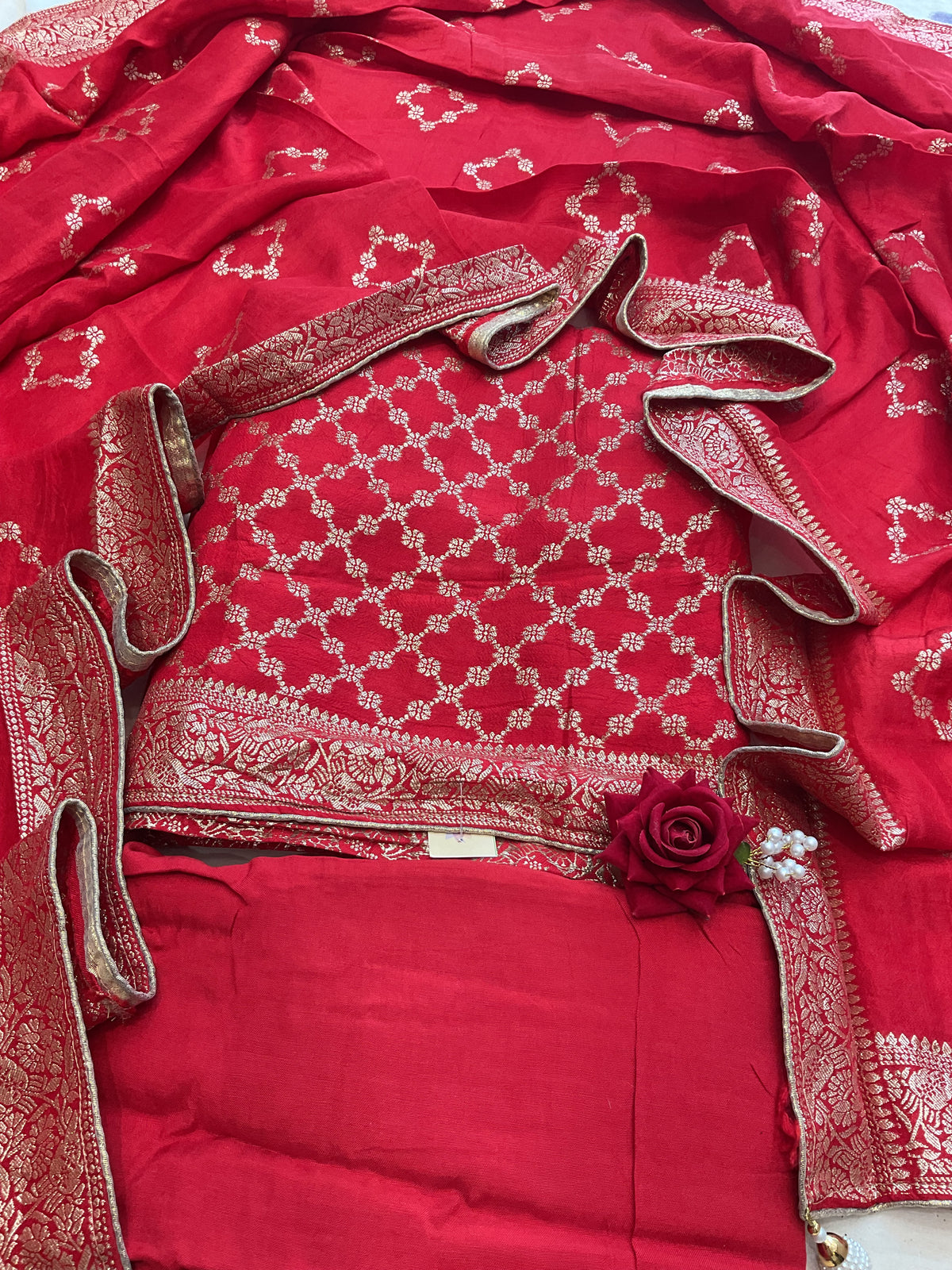 Banarsi silk suit set Red color
