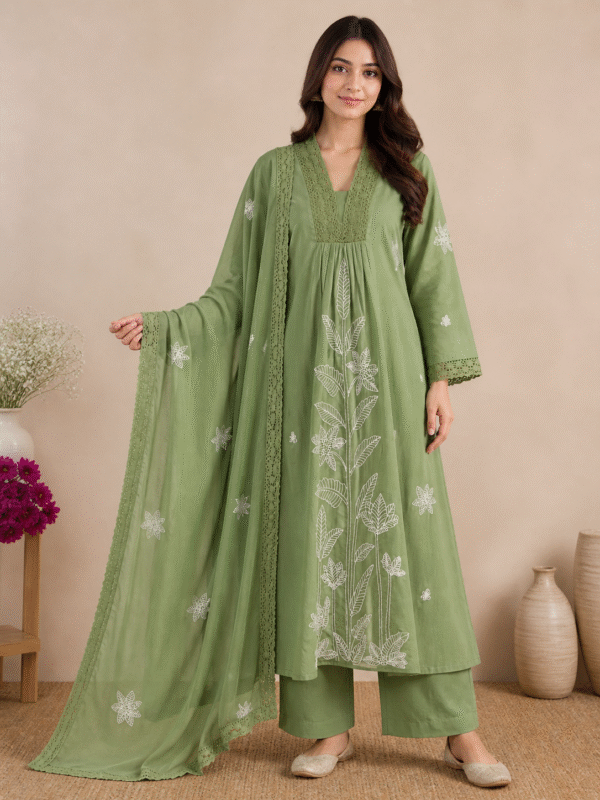 Mul Cotton A-line Green Suit Set